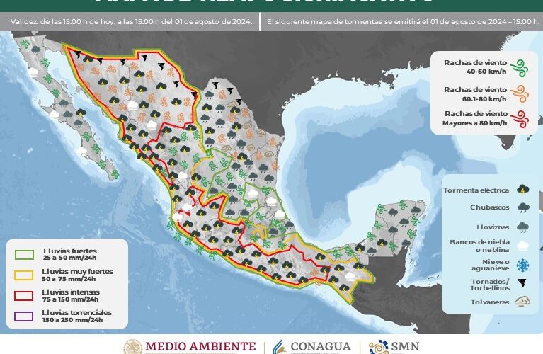 Lluvias fuertes e intensas por Carlotta, en 10 estados del país: SMN