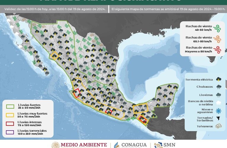 Lluvias intensas en Chiapas, Guerrero y Jalisco, y muy fuertes desde Colima hasta Veracruz, pasando por Sinaloa: SMN